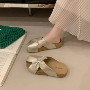[Free Shipping] Summer Bow-Tie Closed-Toe Sandals For Women Soft-Soled Flat Slippers Versatile Fairy-Style Half-Slippers Korean-Style Ins Slippers