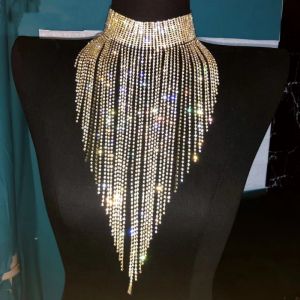 Vintage Rhinestone Choker Gold Tassel Crystal Necklace Women Club Party Neck Jewelry