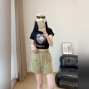 Quần ống rộng trang trí Túi Giả Eo Dây Rút co giãn mùa hè ammin phong cách hàn quốc nữ A-line quần ống đứng màu trơn đơn giản