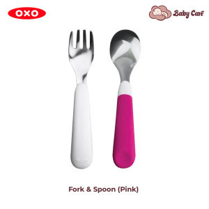 OXO Tot Fork & Spoon Set Stainless Steel Baby & Kids Fork & Spoon Set Silicone Feeding Spoon Set Plastic Spoon & Fork