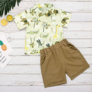 Newborn Boy Cute Shorts Set Cartoon Animal Print Short Sleeve Lapel T Shirt Solid Color Button Decoration Breeches Suit