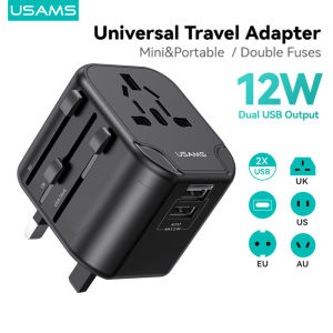 USAMS 12W/20W Universal Travel Adapter Power Adapter PD65W Fast Charge With UK/US/EU/AU Plus Worldwide Travel Plug 2USB Charging Ports International Wall Adapter & Universal AC Socket for Travelling over 200 countries