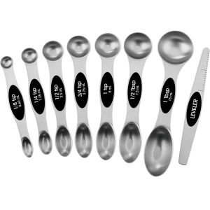 Stainless Steel Magnetic Measuring Spoons Set with Strong N45 Magnets Heavy Duty Metal Kitchen Gadgets for Baking & Cooking Fits Most Spice Jars Includes 8 Spoons and Leveler