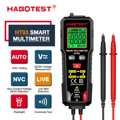 HT93 Digital Multimeter with NCV Volt Meter Auto-Ranging Backlit LCD Ohm Voltage Tester Meter Live Wire/Continuity Test