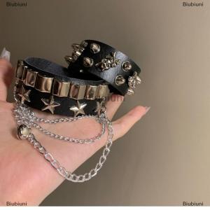 [COD] Biubiuni Punk Gothic sọ Vòng đeo tay chuỗi kim loại gai đinh tán PU da dây đeo cổ tay Cuff Bangle rộng Cuff Vòng đeo tay phụ nữ người đàn ông đồ trang sức