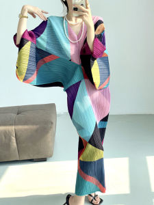 KESHANGYI Pleated Batwing Sleeves Dress For Womens Autumn High End Fashionable And Relaxed Print V-neck Holiday Dresses