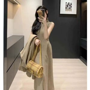 Knitted Cardigan Sleeveless Turtleneck Dress Two-Piece Set for Women Autumn Winter New Warm Mid-Length Sweater Coat Set