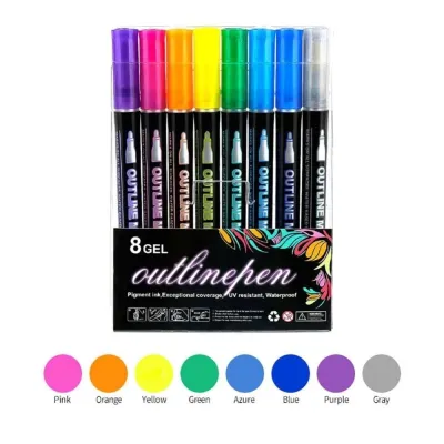 Double Line Metallic Glitter Art Marker Pens 8/12 Colors – Dual Tip Outline & Fill Gel Pens for DIY Scrapbook Card Making Journaling