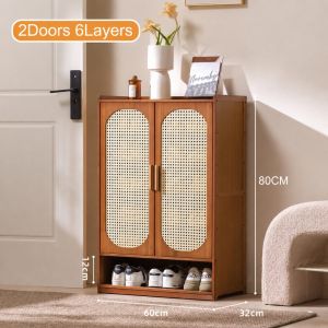 Wooden Shoe Cabinet with Rattan Doors - Breathable Space-Saving Multi-Layer Storage Multiple Size Options