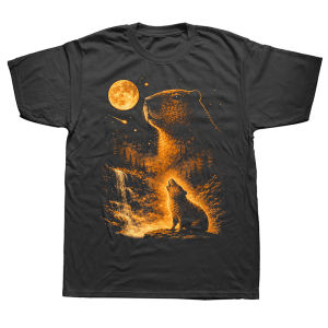 Vintage Capybara Howling At The Moon Meme 90s Animal T-shirts Men Fashion Casual Tshirt Loose Oversized Streetwear T Shirt