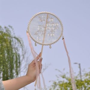 SWEET Long Handle Chinese Style Fan with Tassels Handheld Embroidery Fan Elegant Decorative Circular Fan Dance