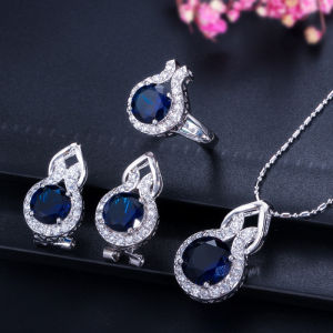 SEQUITO Luxury Women Jewelry Set White Gold Color Full Micro Pave AAA Zirconia Setting Purple Stone Delicate Pendant Necklace Earrings Ring Set for Prom Party SJ373