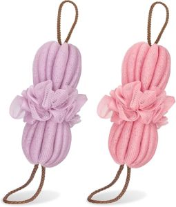 Songaa Bath Shower Loofah Sponge - 2 Pack Long Stretch Back Sponge Exfoliating with Rope Handles - Back Scrubber for Shower Body Scrub Stretch Loofah for Women and Men (Purple & Pink)