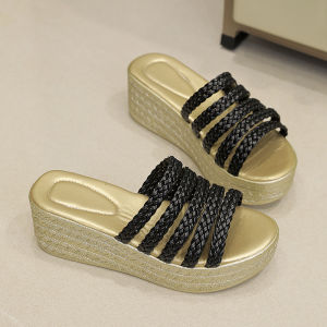 [Free Shipping] Stylish And Unique Woven Platform Sandals With A Thick Sole Waterproof Design And Rhinestone Straps Perfect For Summer Wear