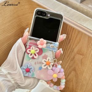Cartoon Flower Wrist Chain Acrylic Case for Samsung Galaxy Z Flip 7 6 5 4 3 flip7 ZFlip Beads Bracelet Shockproof Hard Cover