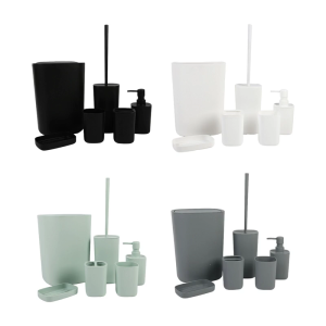 Space Saving 6pc Bathroom Set Plastic Toothbrush Stand Waste Container Set For Dense Bathroom Storage