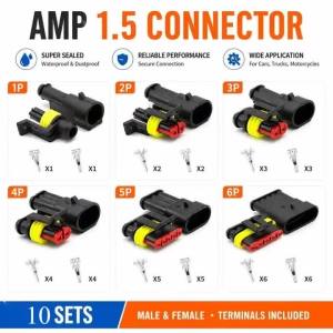 2026 10 Sets AMP IP68 Waterproof Connector 1/2/3/4/5/6 Pin 12A Automotive Wire Plug Terminal Heavy Duty Connector for Car Truck