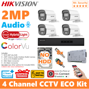 Hikvision 4Channel 2MP Colorvu Audio 4Cameras Outdoor Bullet 4CH DIY CCTV Package Kit 4/4CRA2 ECO-HKPS(4B) NASHANTOO (with optional HDD) (Cables are not included)