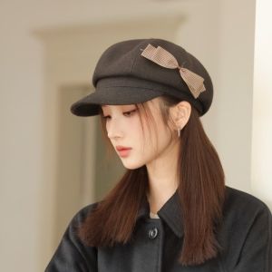 QUESU Warm Bow Beret Solid Color Wool Octagonal Cap Fashion Korean Style Painter Hat Female