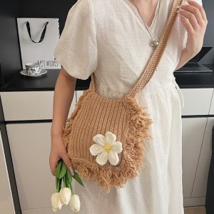 WUSHUWUJI Solid Color Knitted Shoulder Bag Korean Style Flower Crochet Tote Bag Vintage Hollow Woven Handbag Female