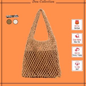 Túi cói xách tay đi biển đan lưới có lớp lót da dễ gấp gọn vintage thời trang mùa hè màu nâu trắng - Mã TC004