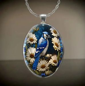 Oval Shaped Glass Pendant Necklace Adorned with Daisy and Bird Patterns