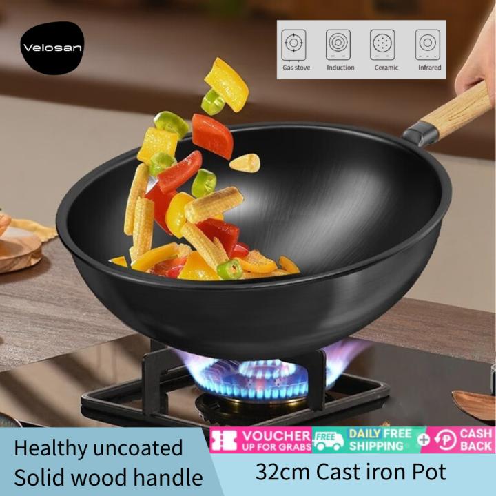 Velosan® German Imported 32cm Cast Iron Wok Set, Real Stainless Steel ...