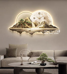 Tranh đồng hồ đèn led núi non hùng vĩ 20 trang trí phòng khách kèm đinh