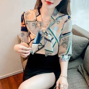 Blouse For Women Printed Chiffon Blouses Elegant Design 3/4 Sleeve Fashion  Loose Fashion Shirt 2007