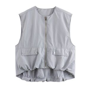 Womens Cropped Waistcoat Fashion Zipper Vest Women Sleeveless Loose Coats Female Chic Pleat Tops жилетка женская укороченная2026