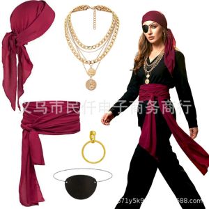 SKJK Head Wrap Pirate Costumes Belt Necklace Halloween Cosplay Costume Vintage Dress Up Halloween Ball Pirate Set Women