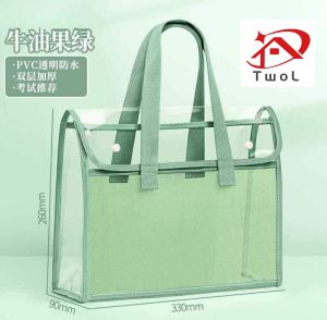 Stock no.169 Transparent File Bag with green handles and mesh body for organizing documents. Suitable for carrying books and stationery. Available in pastel colors.
