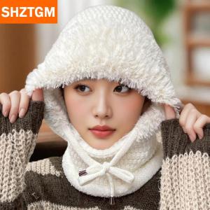 [COD] SHZTGM หมวกไหมพรมสำหรับผู้หญิง3-in-1สำหรับขี่จักรยานฤดูหนาวมีฮู้ดบุผ้าฟลีซพร้อมที่คลุมหน้ากันลมหมวกถักให้ความอบอุ่นสำหรับกีฬากลางแจ้ง
