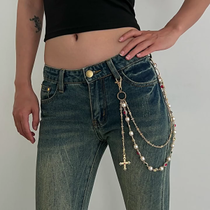 Adjustable Alloy Imitation Pearls Crossed Pants Chain Waist Chain Lightweight Hip Hop For Women Men Fashion