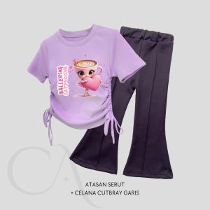 Setelan Kaos Serut Crop Top dan Cutbray Garis Anak Perempuan Ballerina Cappucina Umur 1-14 tahun