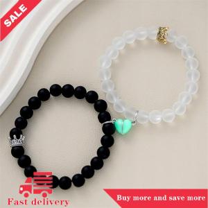 [COD] 2pcs Handmade Crown Beaded Charms Bracelet Luminou Heart Glow In The Dark Couple Bracelet For Lover Men Women Fluorescent Gift