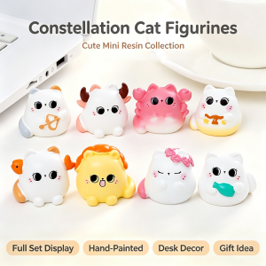 3cm Resin Zodiac Cat Figurines Full Set of 12 Signs (13 Pieces /w Dual Gemini) Non-Toxic Craft Ornaments Lucky Zodiac Animals for Desk Organization