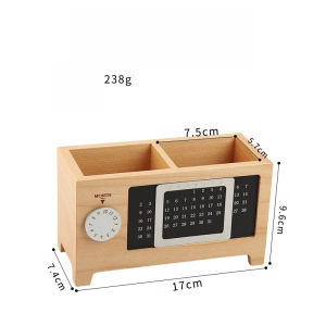 【COD】Solid wood multifunctional pen holder office desktop storage box clock calendar model storage box