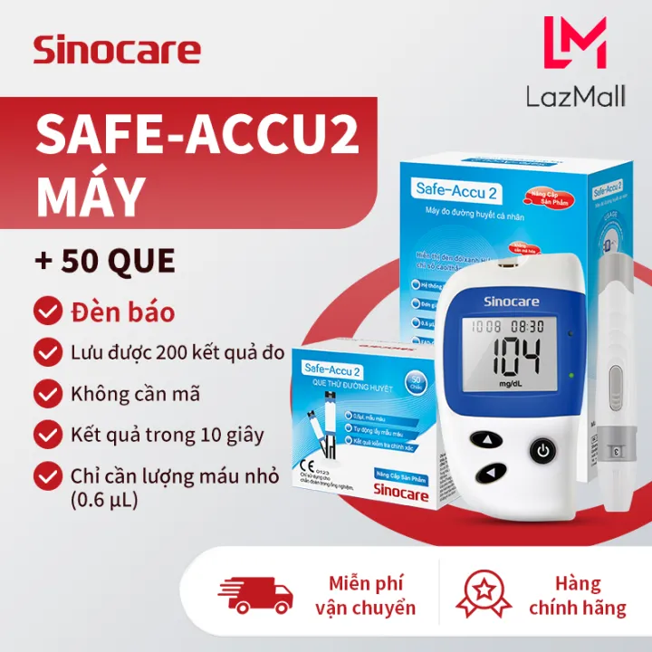 Sinocare Máy Đo Đường Huyết Safe Accu 2 Tặng Kèm 50 Que Và 50 Kim