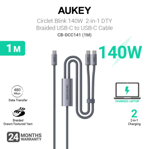Aukey CB-DCC141 / CB-DCC142 CB-Circlet Blink 140W 1m/2m 2-in-1 DTY Braided USB-C to USB-C Cable (24 Months Warranty)