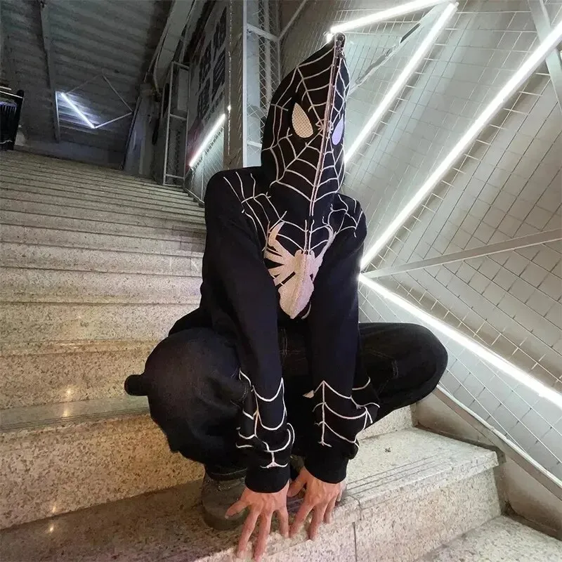 Spider Web Graphic Men Hoodies Harajuku Hip Hop Full Zipper Jacket