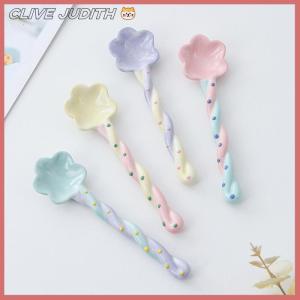 CISWGE 1 cái gốm dài xử lý muỗng dễ thương Kem tay sơn tráng miệng muỗng với dài xử lý Bộ đồ ăn nhà bếp phụ kiện