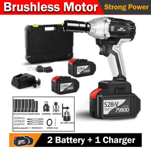 Cordless Brushless Electric Wrench High Torque Impact Wrench Rechargeable Socket Wrench Multi-function Auto Repair Power Tool Sets with 1/2 Batteries