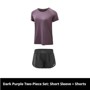 Plus Size 2Pcs Sports Suit Short Sleeve Running Tops 2 Layers Compression Pants Fast Dry T-shirts for Gym Running Yoga