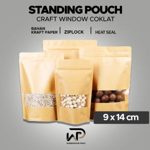 ( 50 pcs ) Standing Pouch Kraft Paper Window Coklat 9 x 14 cm | Ziplock Kraft Paper | Kemasan Kopi | Kemasan Paper Ziplock | Standing Pouch