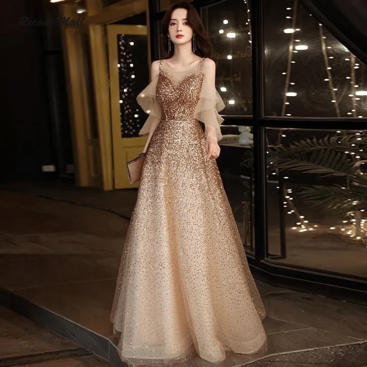 Recoal Champagne Gold Sequin Evening Dress Elegant Off Shoulder V