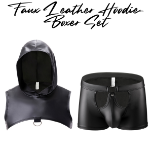 Mens Boxer/Vest: Polyester Faux Leather Hoodie Cropped Vest Top and Boxer Brief Trunks Set (CMF254)