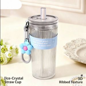Ice‑Crystal Vertical Ribbed Straw Water Cup w/Cute Flower Pendant Lanyard Leakproof Travel Tumbler