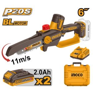 INGCO 20V BRUSHLESS MINI CHAIN SAW 6" 150MM 2X2.0AH CHARGER CGSLI20662