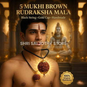 5 Mukhi Brown Rudraksha Mala Black String Gold Cap Handmade Copper Wire Original Shiv Necklace